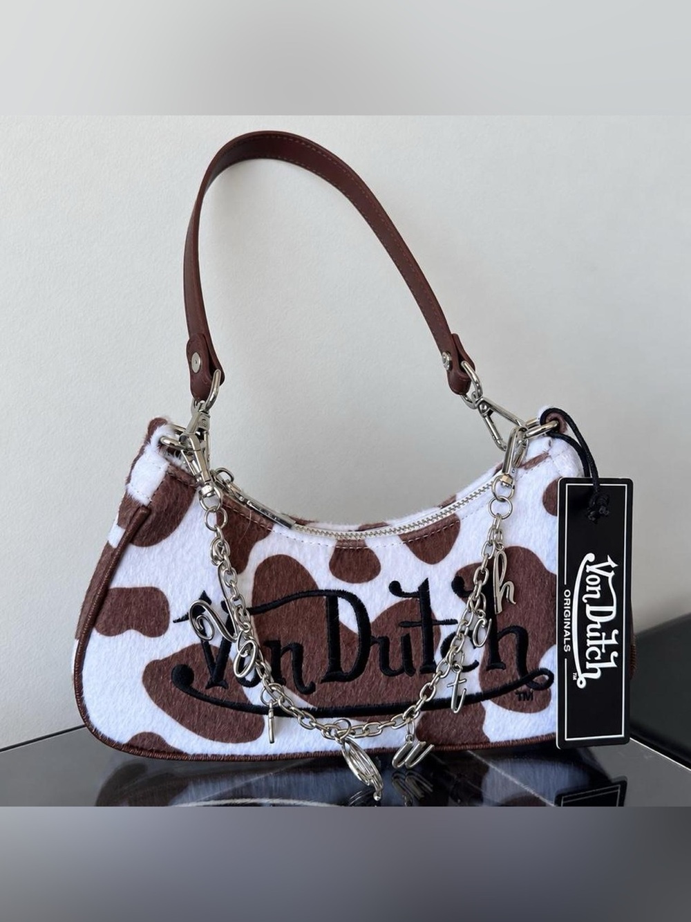 NWT Von Dutch Brown & White Cow-Print Pony Hair Shoulder Bag with Silver Chain